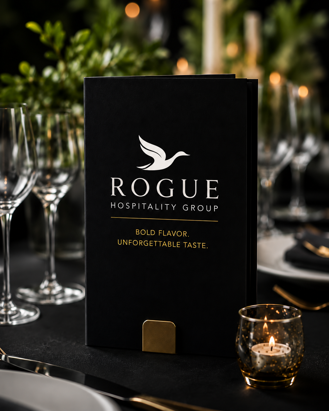 A Rogue-branded menu card on a candlelit place setting