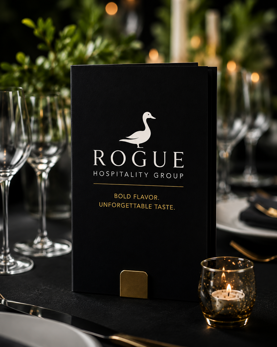 A Rogue-branded menu card on a candlelit place setting